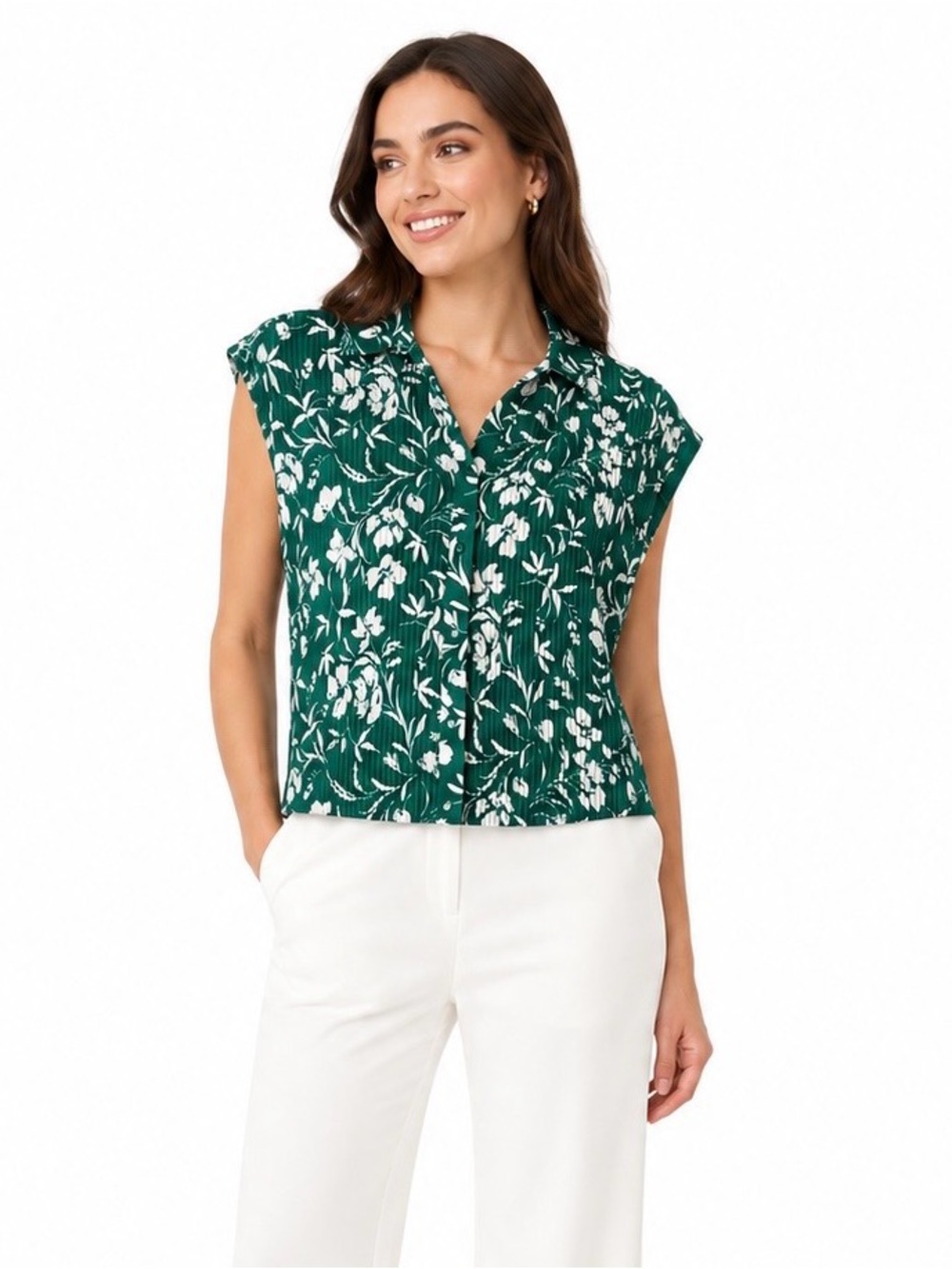 Adrianna Papell green white floral sleeveless button up ruched jersey blouse M